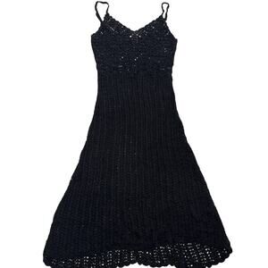 Bebe Dress Womens Small Black Crochet Knit Midi Scallop Hem Boho Y2K Coastal